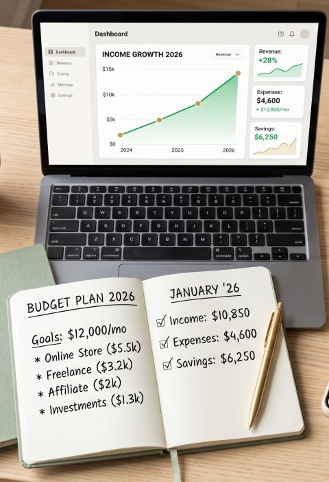 Overhead view of a laptop showing a rising income graph beside a budget notebook, coffee, and phone banking app — visual guide to making money online in 2026