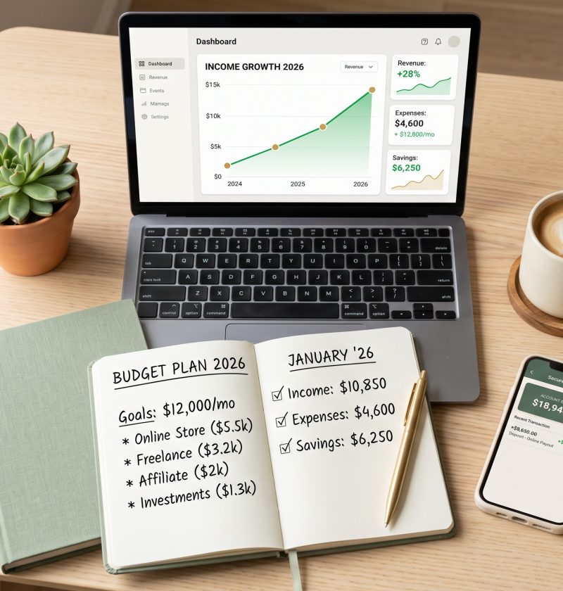 Overhead view of a laptop showing a rising income graph beside a budget notebook, coffee, and phone banking app — visual guide to making money online in 2026