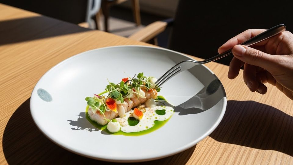 Professional food photography of an artistic fine dining dish on a handmade ceramic plate. A delicate seafood presentation with microgreens, edible flowers, and a light Nordic-style sauce. Minimalist plating with lots of white space on the plate. Shot from above at a slight angle on a natural wooden table. Soft natural window light creating gentle shadows. Modern Scandinavian restaurant aesthetic. One hand visible reaching with elegant fork. Background shows blurred restaurant interior with clean lines and natural materials. High-end culinary magazine style, sophisticated color palette of whites, greens, and ocean blues. Professional editorial photography, aspirational yet authentic feel.