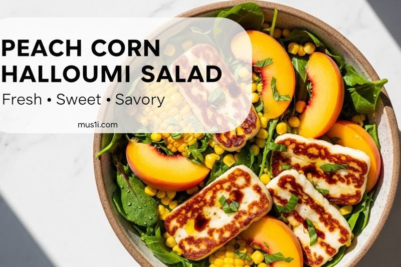 Summer peach corn halloumi salad