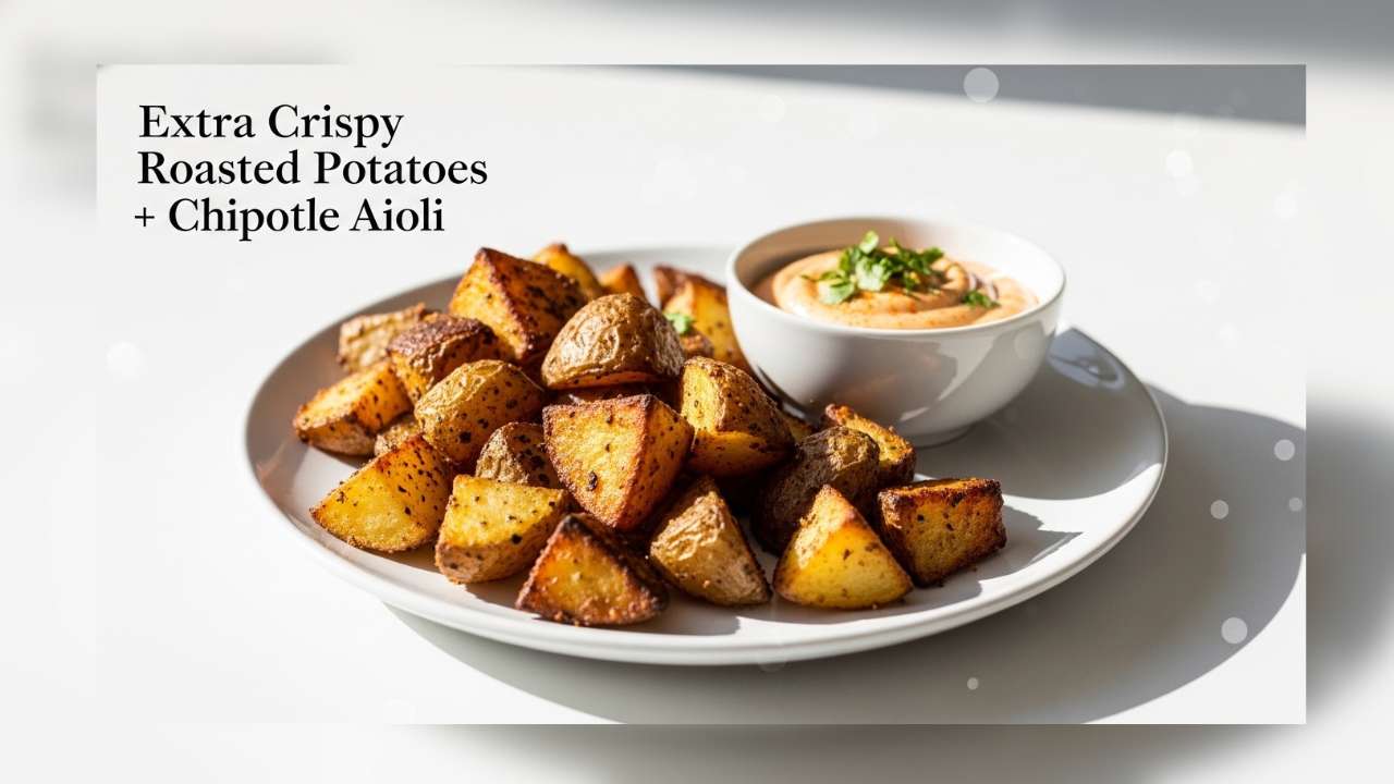 crispy roasted potatoes with chipotle aioli, crispy roasted potatoes, oven baked crispy potatoes, chipotle aioli sauce, smoky chipotle mayo, roast potatoes recipe, crispy potato wedges, spicy mayo for potatoes, best dipping sauce for fries, easy potato side dish