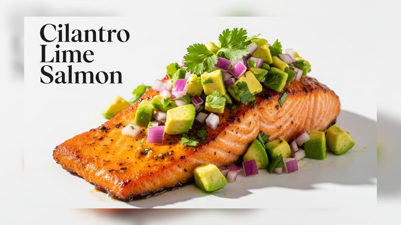 Baked cilantro lime salmon topped with avocado salsa on a white plate