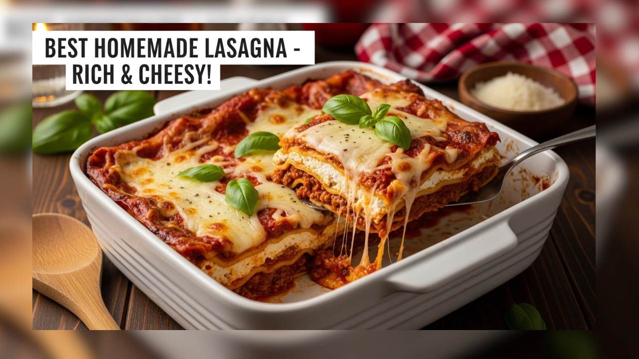 Homemade lasagna recipe with a bubbling golden cheese top sliced to reveal layers of rich meat sauce creamy ricotta and melted mozzarella in a white baking dish on a rustic wooden table with fresh basil