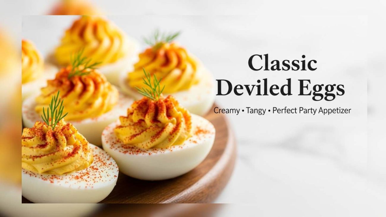 Pinterest vertical pin (1000x1500, 2:3 ratio), ultra-realistic food photography. A rustic wooden board or ceramic platter slightly off-center, featuring classic deviled eggs. Perfectly hard-boiled egg whites halved and filled with a smooth, creamy, pale yellow yolk mixture piped in a decorative swirl. The tops are perfectly dusted with vibrant red paprika and garnished with a tiny, fresh green dill sprig. The eggs look rich, velvety, and appetizing, catching bright light highlights. Soft natural daylight from the left, bright, festive "party appetizer" mood, shallow depth of field. Clean, softly blurred white marble or light wooden background. The creamy yellow yolk contrasts with the crisp white egg and bright red paprika. High contrast, ultra-appetizing, professional food magazine style, photorealistic, not AI-styled, 4K quality. Text Overlay (center or top area, bold modern font): "Classic Deviled Eggs" Smaller subtitle text: "Creamy • Tangy • Perfect Party Appetizer" Minimal shadows, balanced composition. Extra negative space around text area for easy editing and thumbnail cropping.
