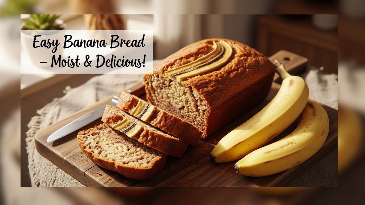 A beautifully sliced golden-brown banana bread loaf on a rustic wooden cutting board, with ripe bananas beside it, warm kitchen background, soft natural lighting, top-down food photography style, 4K, appetizing, cozy bakery feel" Text Overlay: "Easy Banana Bread Recipe – Moist & Delicious!"