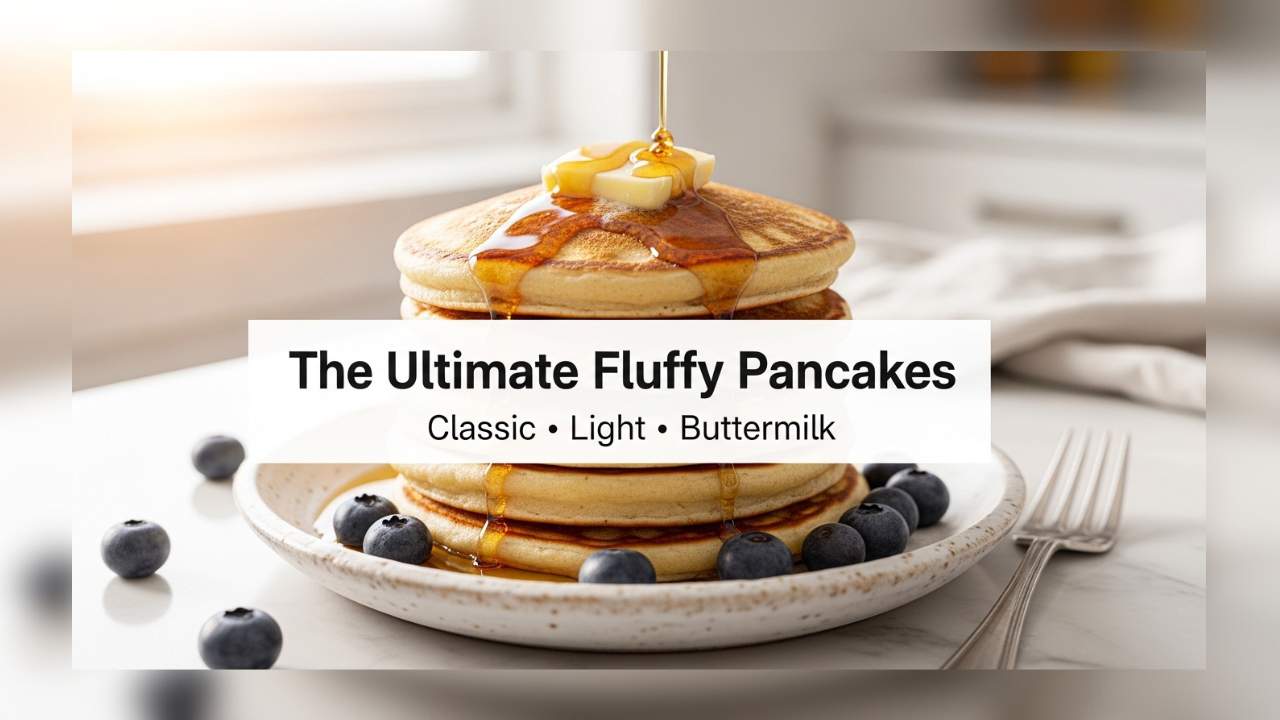 Stack of golden-brown fluffy pancakes on a white ceramic plate with melting butter and maple syrup.