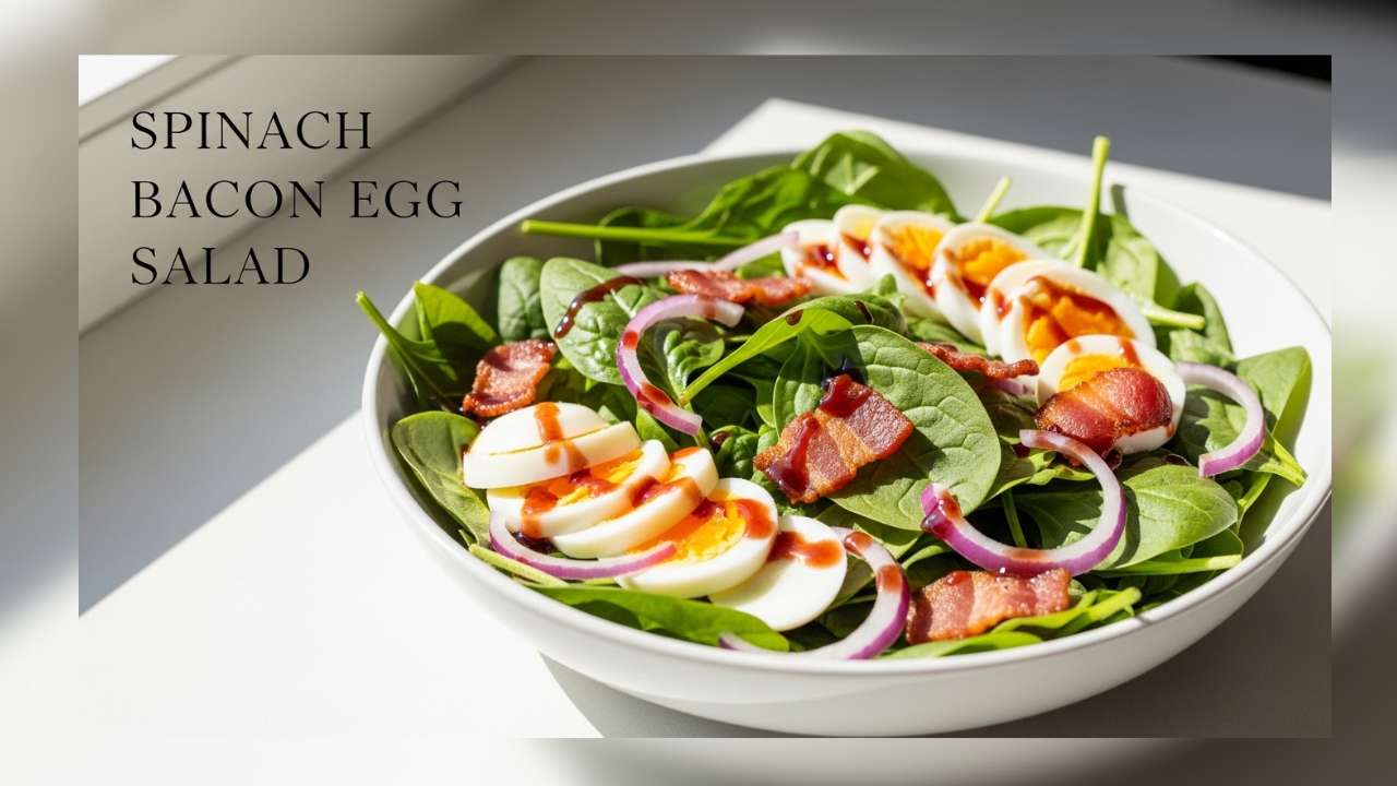 Feature image prompt (with text overlay): High-end food photography, baby spinach salad in a white bowl with crispy bacon pieces, sliced hard-boiled eggs, red onion, glossy red wine vinaigrette, bright natural window light, clean white background, minimal styling, 4k. Text overlay: “Spinach Bacon Egg Salad” elegant serif font, subtle shadow, top-left placement.