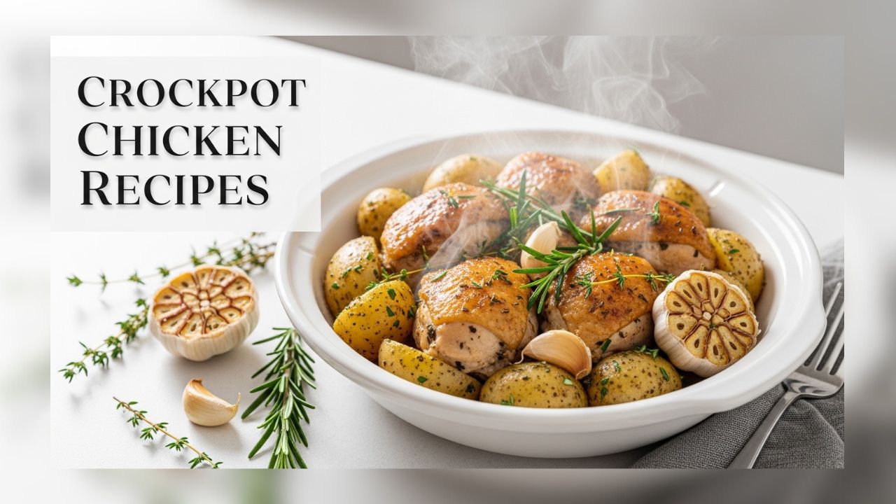 Crockpot chicken and potatoes with herbs on a white background