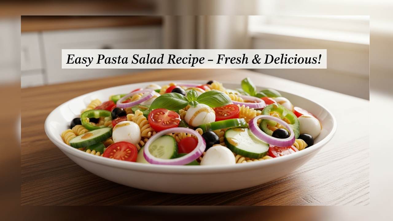 Easy pasta salad recipe with rotini pasta, cherry tomatoes, cucumbers, olives and Italian dressing served in a white bowl on a wooden table