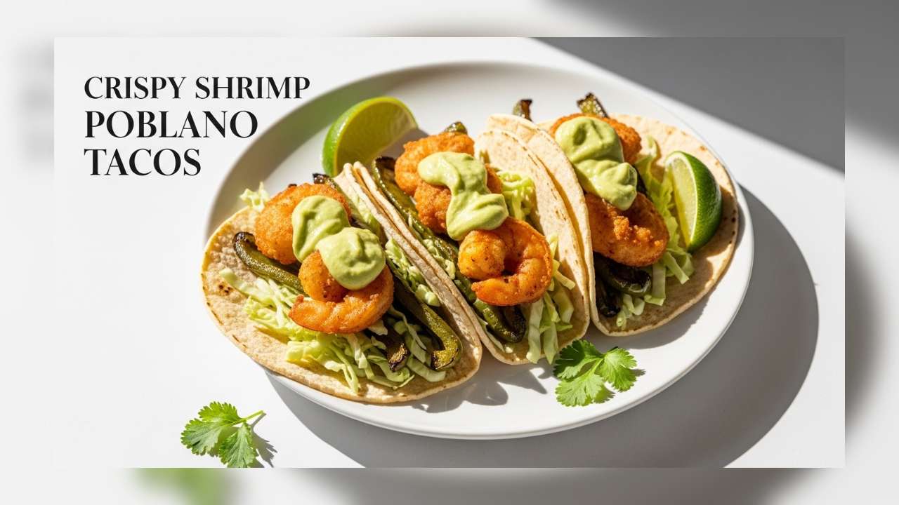 High-end food photography, crispy shrimp tacos with roasted poblano strips and shredded cabbage, avocado cilantro sauce drizzle, bright natural light, clean white background, minimal props, 4k sharp focus. Text overlay: “Crispy Shrimp Poblano Tacos” elegant bold serif font, top-left, subtle shadow.