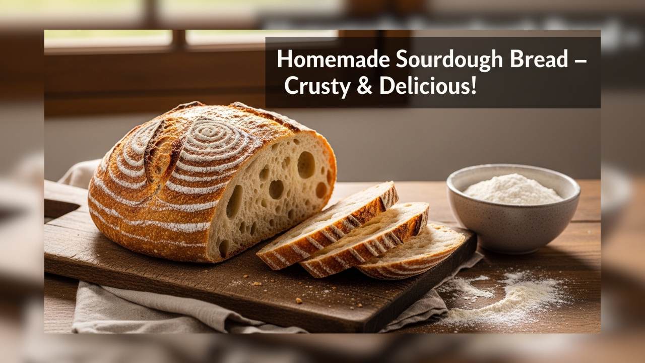 Homemade sourdough bread recipe with a golden crusty loaf sliced open showing airy holes inside, placed on a wooden cutting board with a linen cloth and wheat stalks