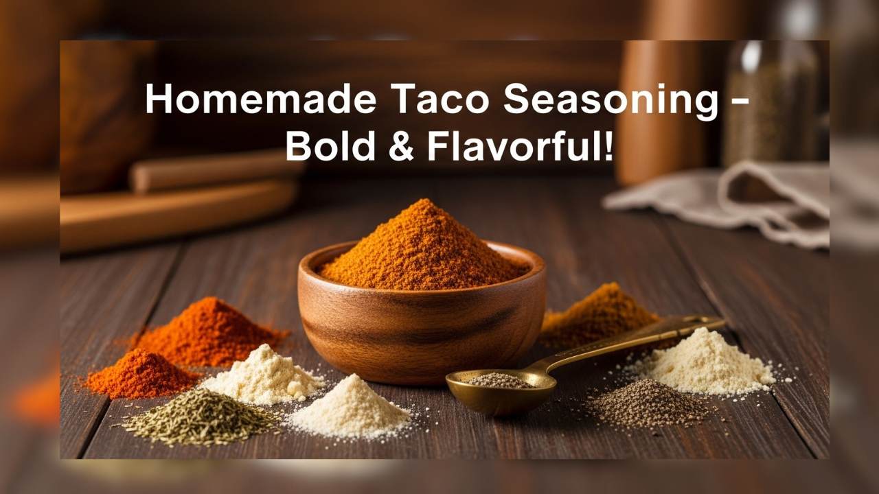 Homemade taco seasoning recipe with a mix of chili powder, cumin, paprika, garlic powder and oregano in a small wooden bowl surrounded by individual spices on a rustic table