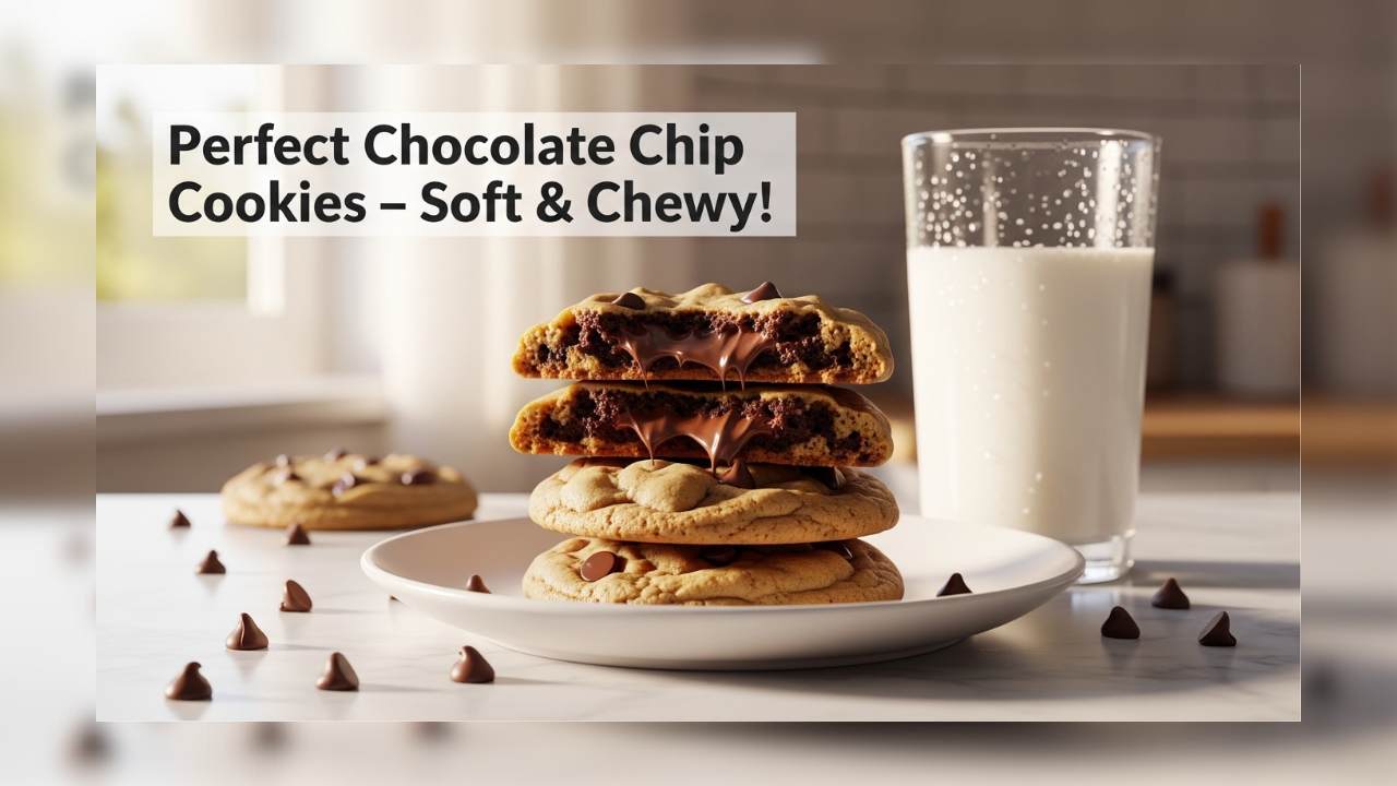 Homemade chocolate chip cookies stacked on a white plate with melted chocolate chips visible, golden brown edges, soft chewy centers, on a marble countertop with a glass of milk beside them