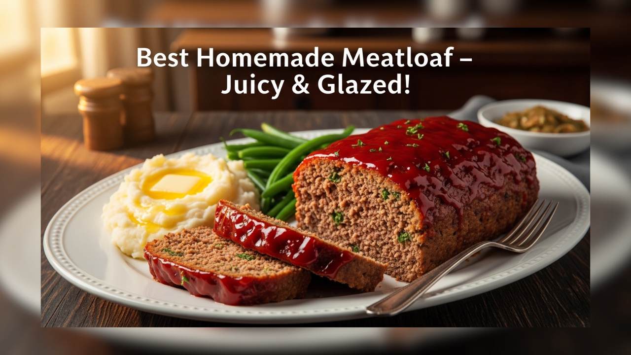 Homemade meatloaf recipe with a thick sweet and tangy glaze sliced on a white serving platter with mashed potatoes and green beans on a rustic farmhouse table