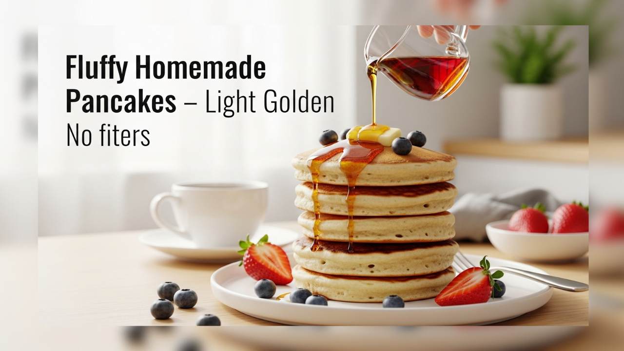 Fluffy homemade pancake recipe with a tall stack of golden brown pancakes topped with fresh blueberries, melting butter pat, and maple syrup drizzling down the sides on a white plate