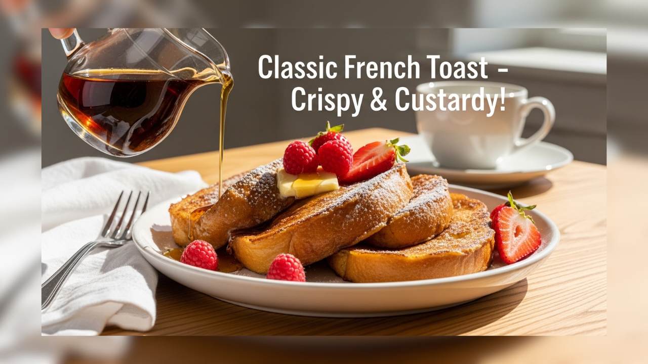 Classic French toast recipe with thick golden brown custard-soaked bread slices dusted with powdered sugar and topped with fresh berries and maple syrup on a white plate with a breakfast table setting