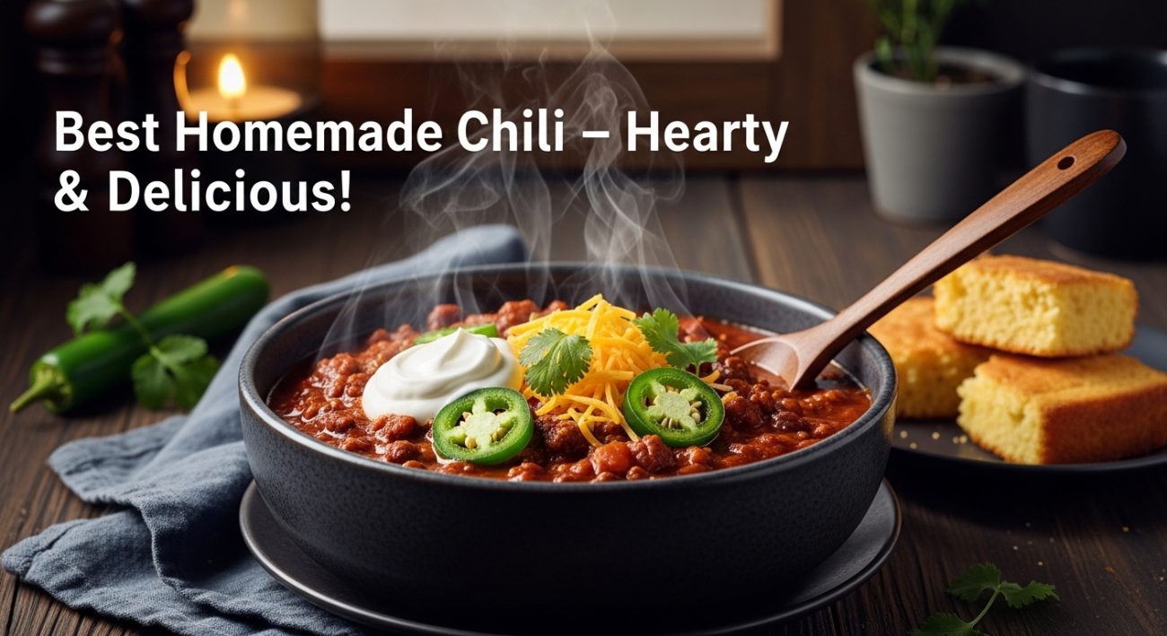 Homemade chili recipe with ground beef beans and tomatoes served in a rustic ceramic bowl topped with shredded cheddar cheese sour cream and fresh cilantro on a wooden table