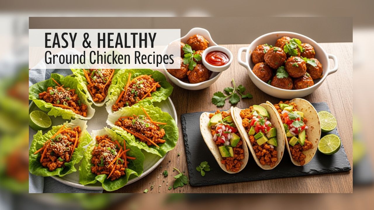 Assorted ground chicken recipes including lettuce wraps, tacos, and meatballs on wooden table.