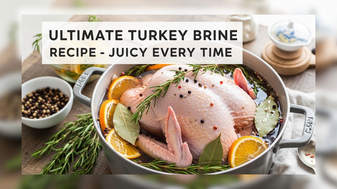 Whole turkey soaking in herb and citrus turkey brine recipe in large pot.