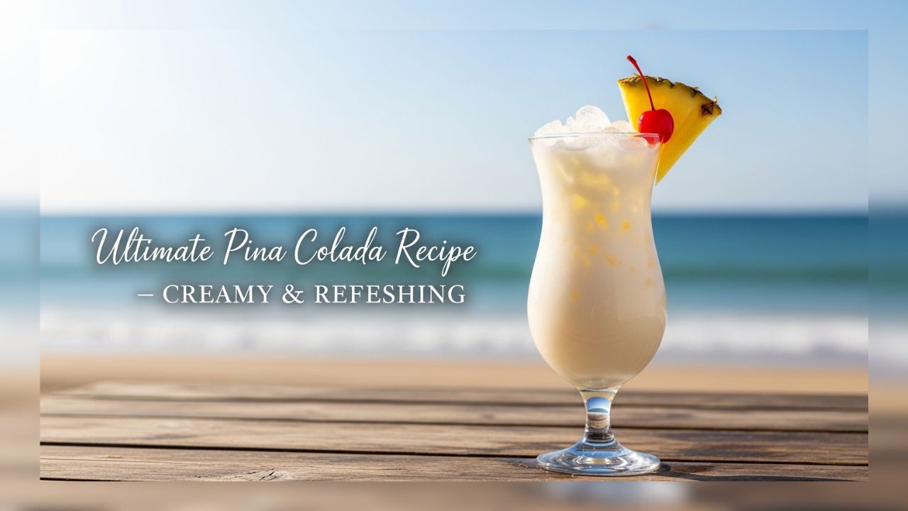 Creamy frozen pina colada recipe served in a hurricane glass with pineapple slice and cherry garnish on tropical wooden table.
