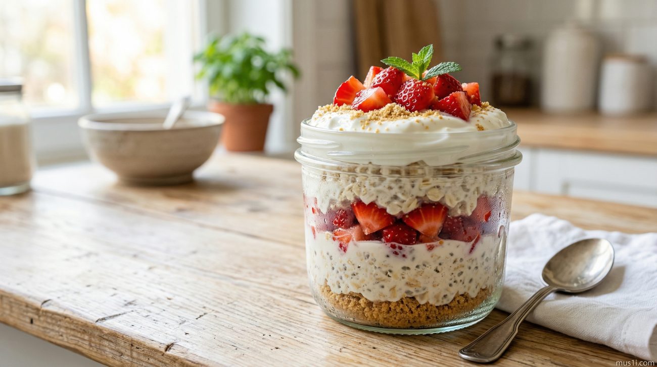 Strawberry cheesecake overnight oats in a glass jar with fresh strawberries and graham cracker crumbs — no cook 5 minute meal prep breakfast