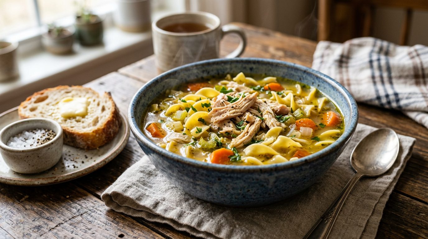 Homemade chicken noodle soup with carrots, celery, noodles, and tender chicken