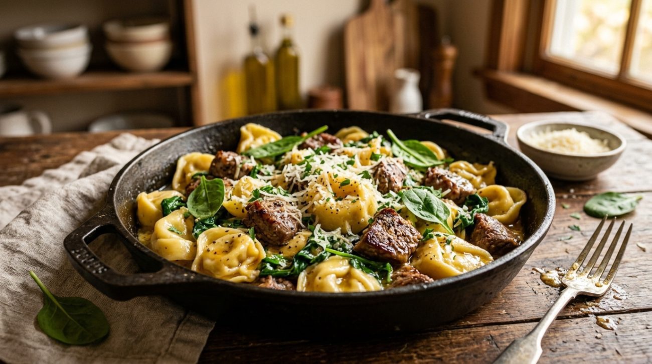Garlic butter beef and spinach tortellini served in a skillet with parmesan and fresh greens
