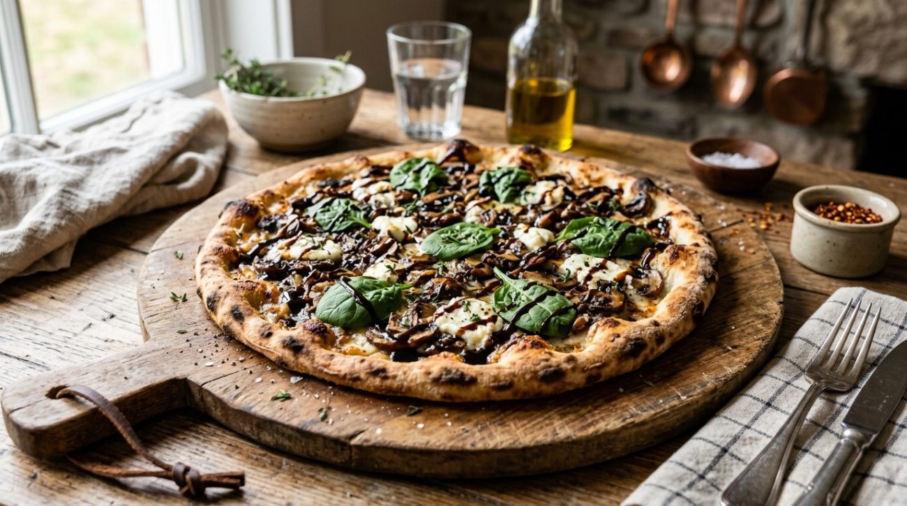 Balsamic mushroom goat cheese pizza with spinach on a wooden board with balsamic glaze drizzle