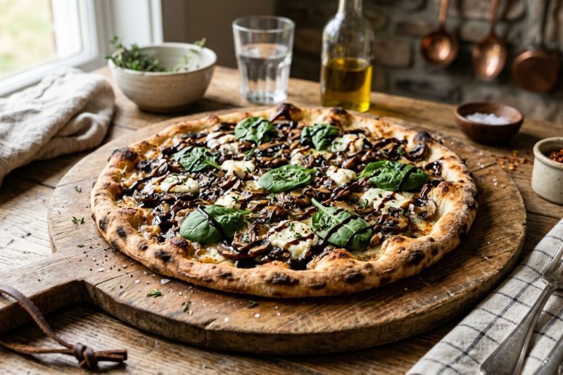 Balsamic Mushroom Goat Cheese Pizza with Spinach (Gourmet Homemade Recipe)