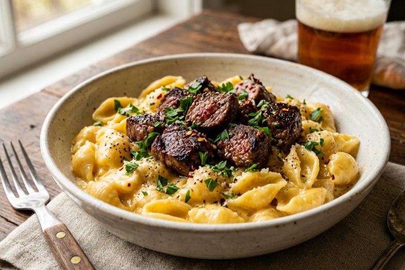 Cheesy Shell Pasta with Juicy Steak Tips – Creamy, Hearty & Easy Dinner