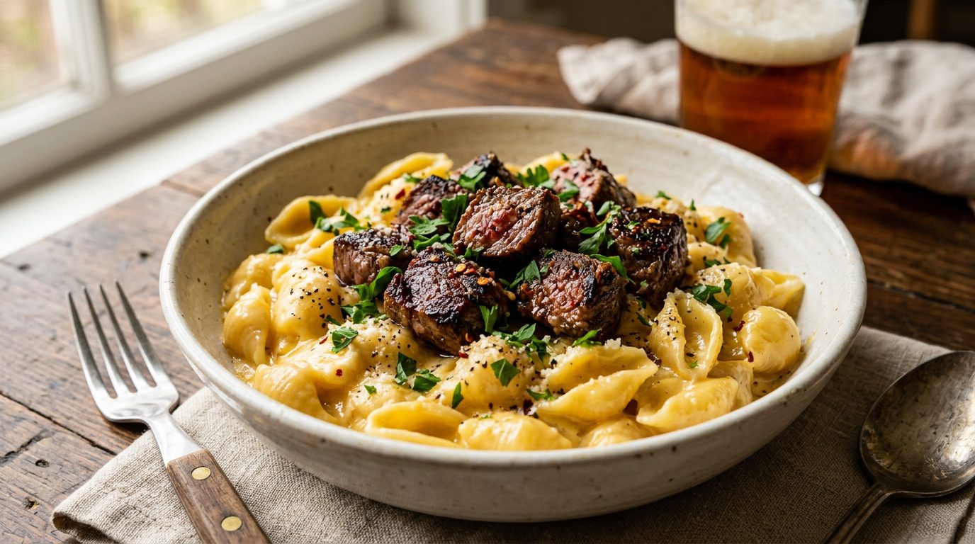 Cheesy pasta topped with steak tips