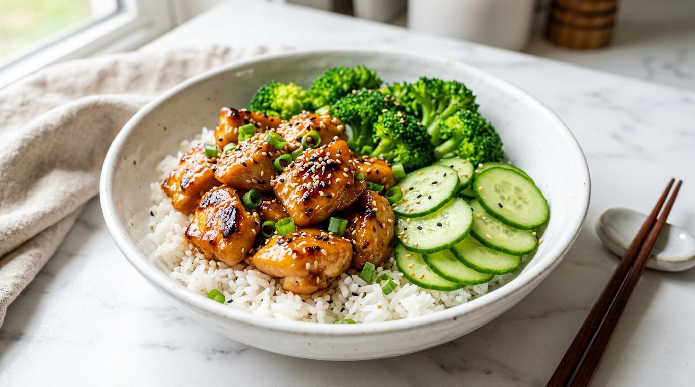 Discover the ultimate glazed chicken rice bowl with broccoli and cucumber. A 20-minute, high-protein meal that is perfect for healthy meal prep and busy weeknights.