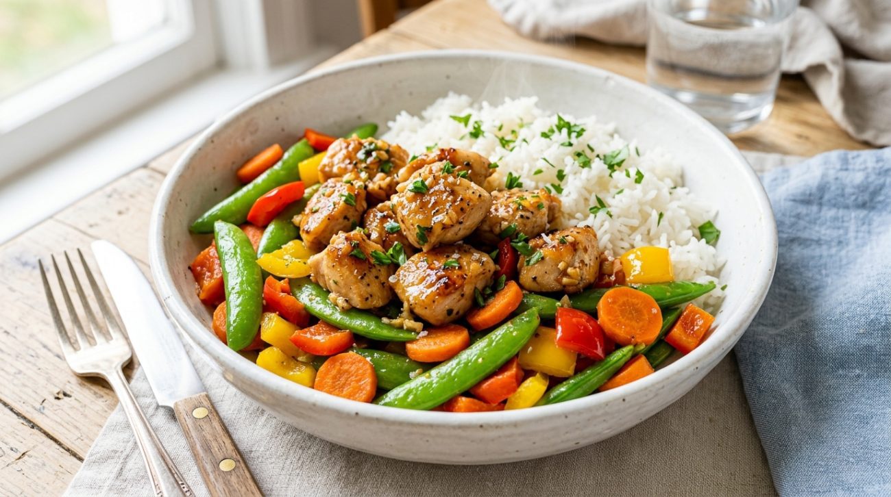 This epic garlic butter chicken with veggie medley and fluffy rice is a 20-minute masterpiece. Learn the secret to juicy chicken and perfectly separated rice grains.