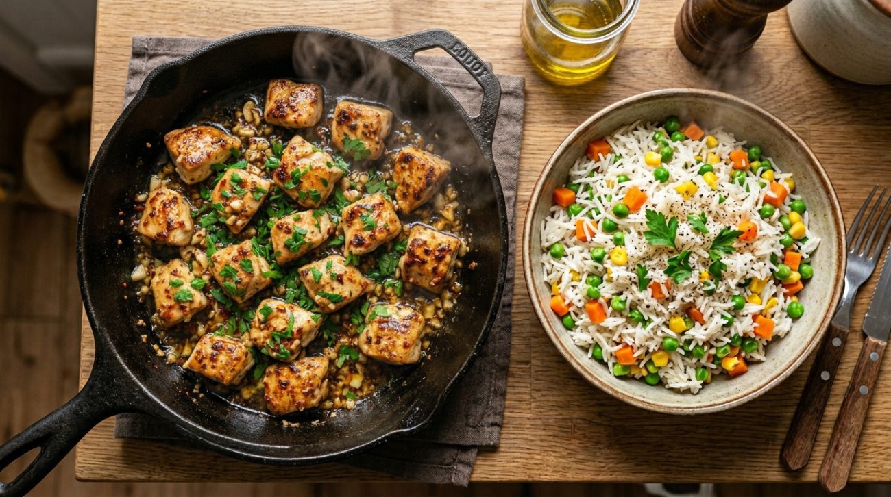 Master this 20-minute garlic butter chicken and veggie medley rice. A high-protein, flavor-packed dinner recipe that is easy to make and perfect for healthy meal prep.