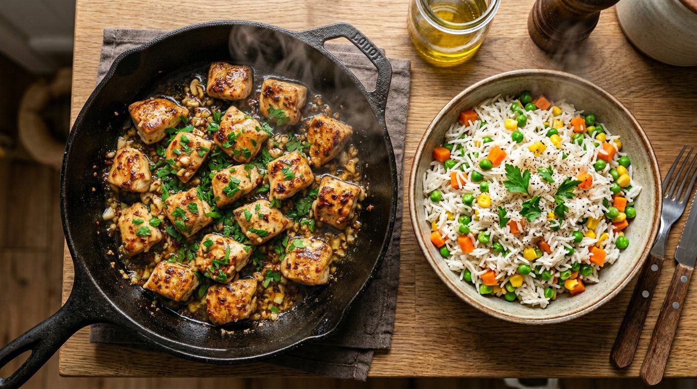 Master this 20-minute garlic butter chicken and veggie medley rice. A high-protein, flavor-packed dinner recipe that is easy to make and perfect for healthy meal prep.
