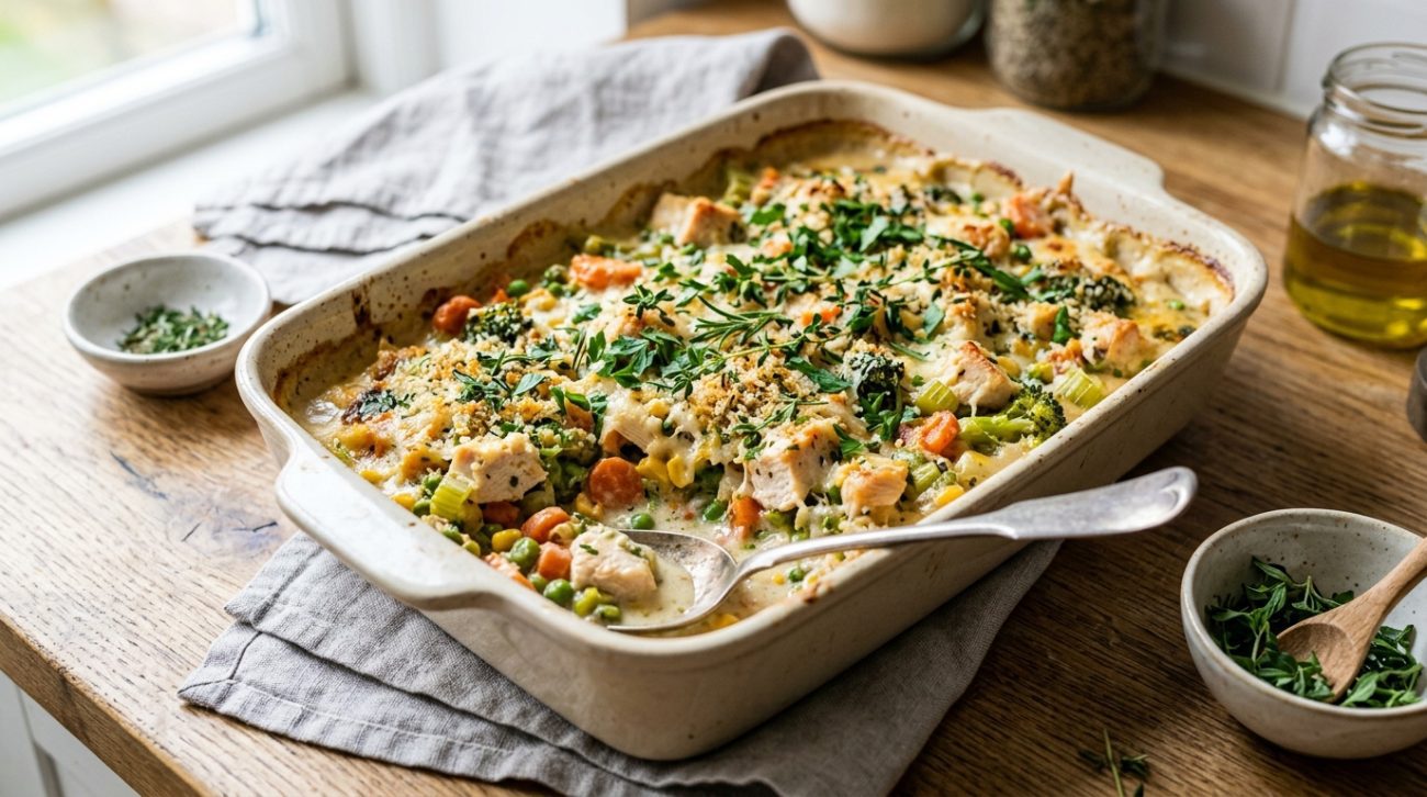 healthy meal prep chicken casserole with vegetables in a baking dish