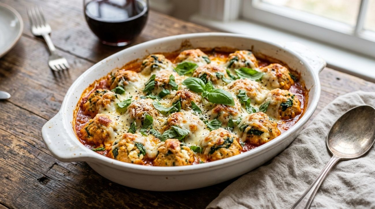 These baked chicken ricotta meatballs with spinach are incredibly tender and packed with protein. An easy, healthy 30-minute dinner recipe the whole family will love.