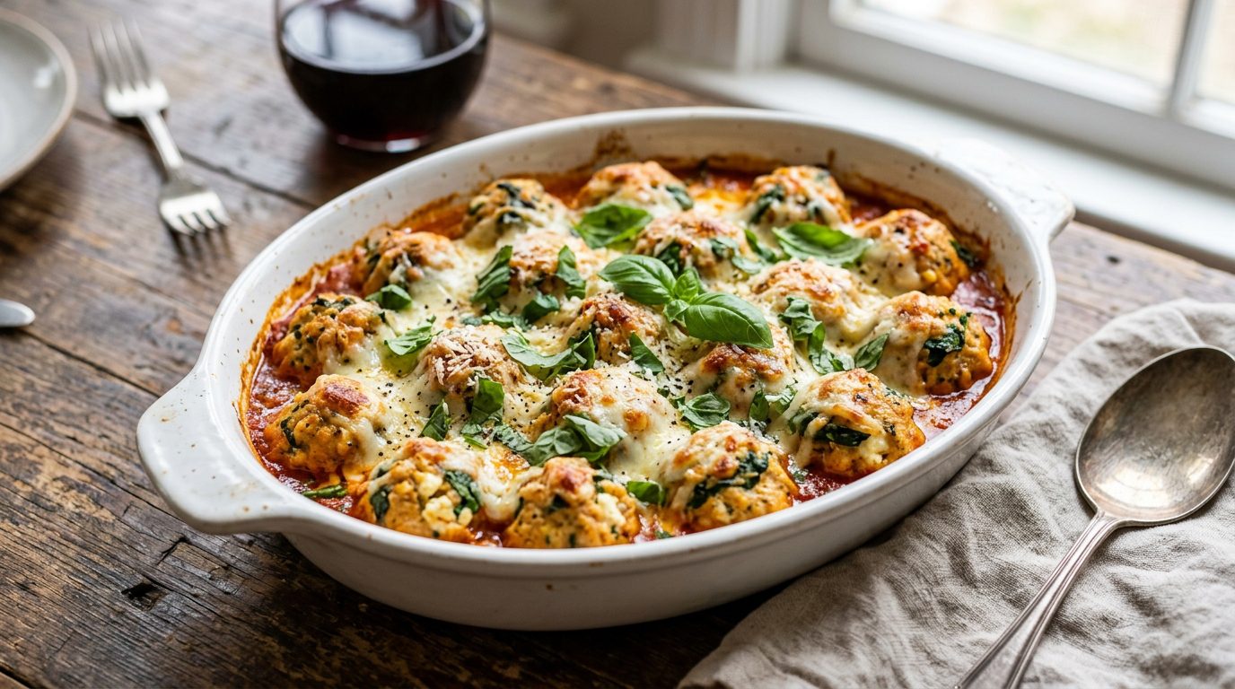 These baked chicken ricotta meatballs with spinach are incredibly tender and packed with protein. An easy, healthy 30-minute dinner recipe the whole family will love.