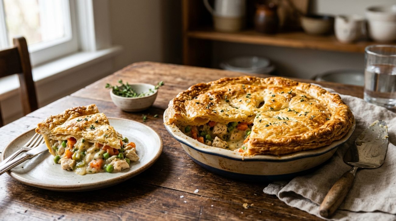 Homemade chicken pot pie with golden flaky crust and creamy chicken vegetable filling