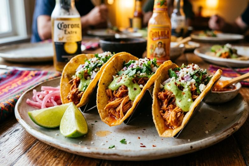 Crispy Chicken Tinga Tacos with Avocado Jalapeño Crema – Smoky, Crispy & Bold