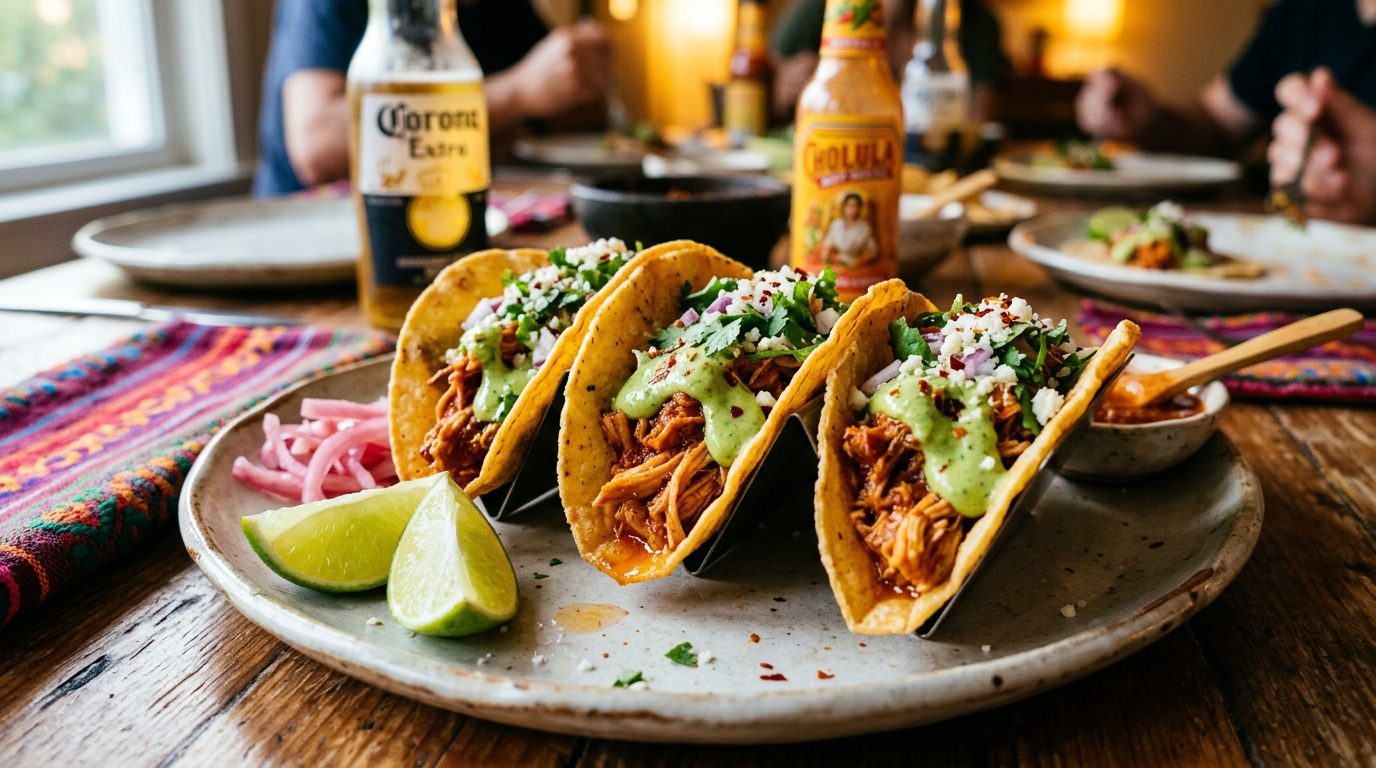crispy chicken tinga tacos topped with avocado jalapeno crema