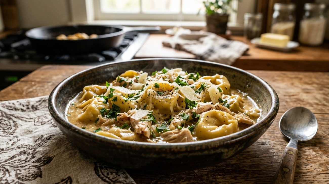 Creamy chicken tortellini in southern garlic gravy served in a rustic bowl with parmesan and herbs