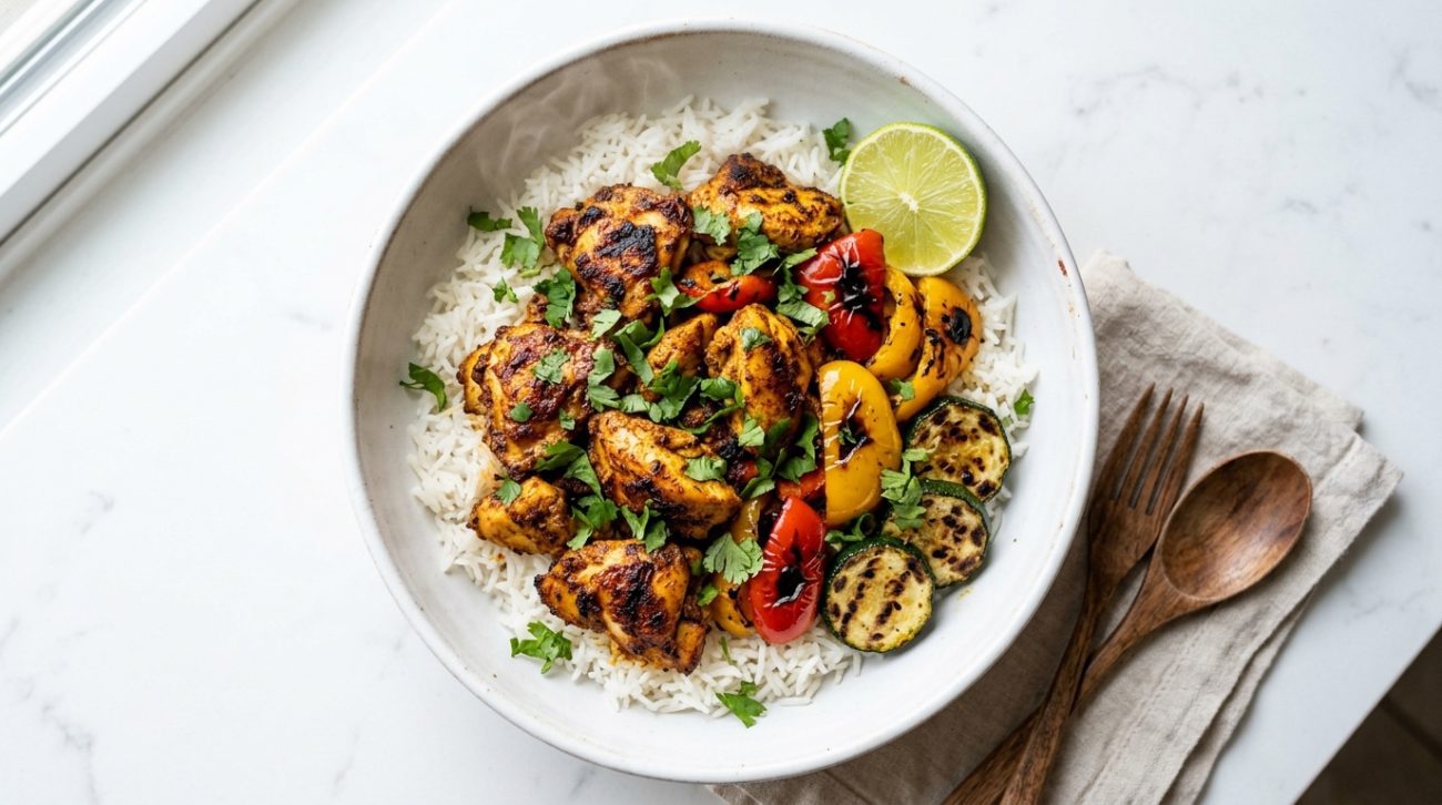 Master the ultimate spiced chicken veggie bowl with fluffy rice. A vibrant, protein-packed 20-minute dinner recipe perfect for healthy eating and busy weeknights.
