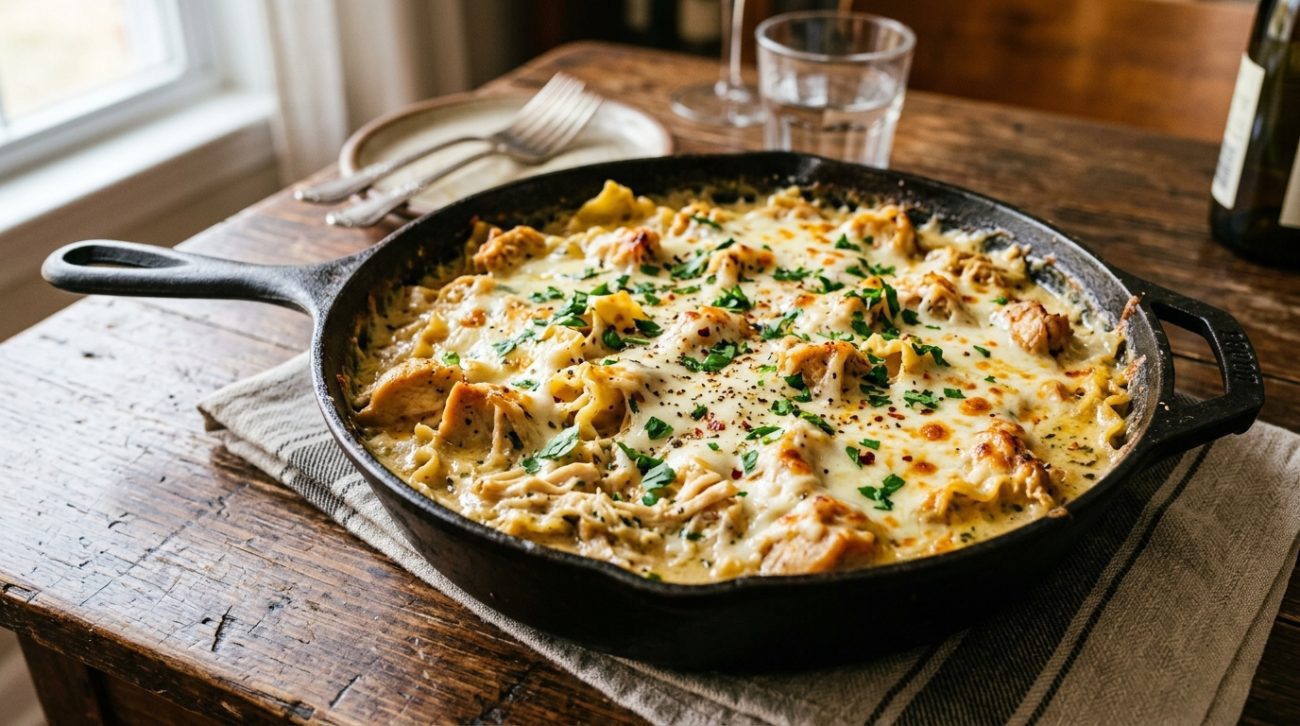 creamy skillet chicken lasagna with garlic sauce in a skillet
