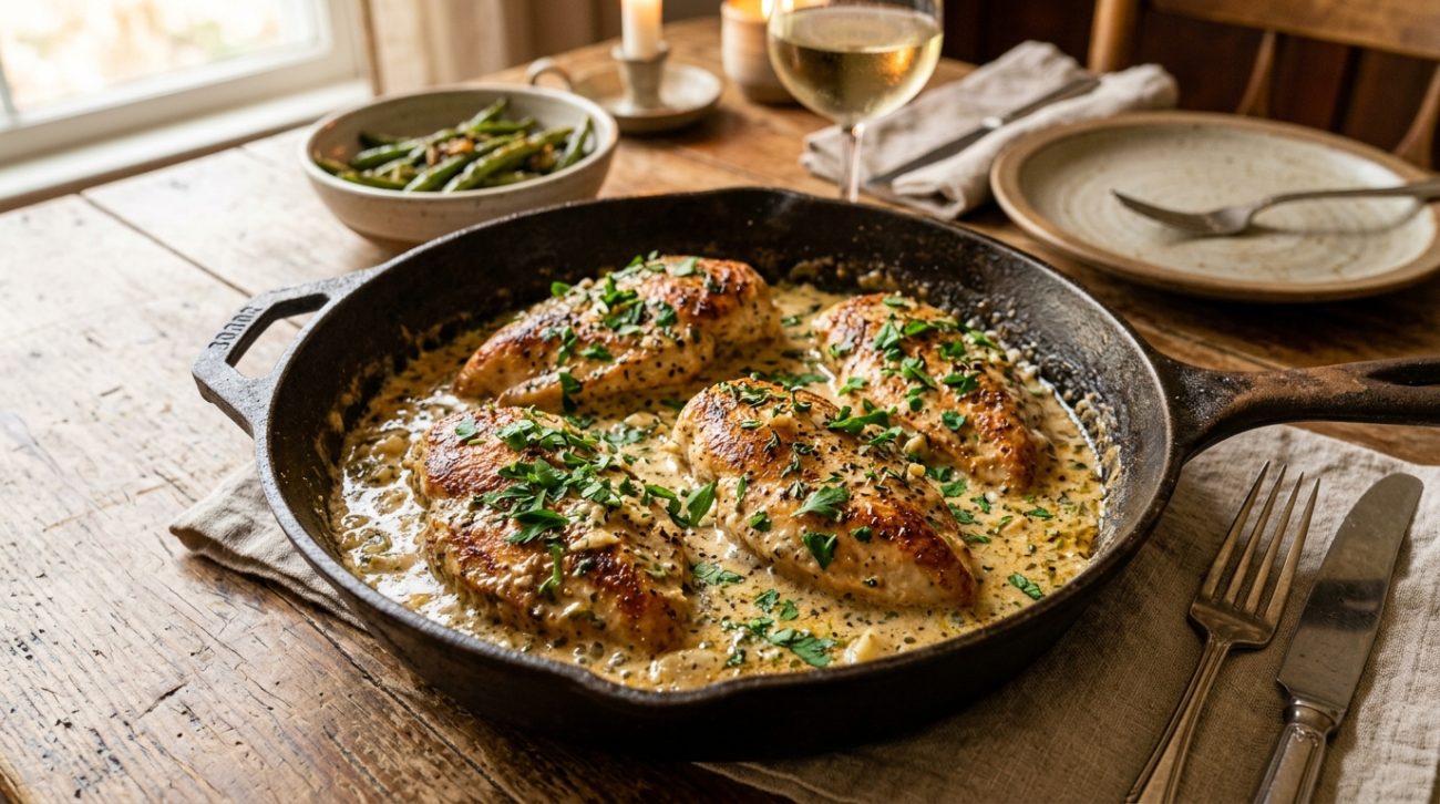 creamy boursin chicken skillet in rich garlic herb sauce
