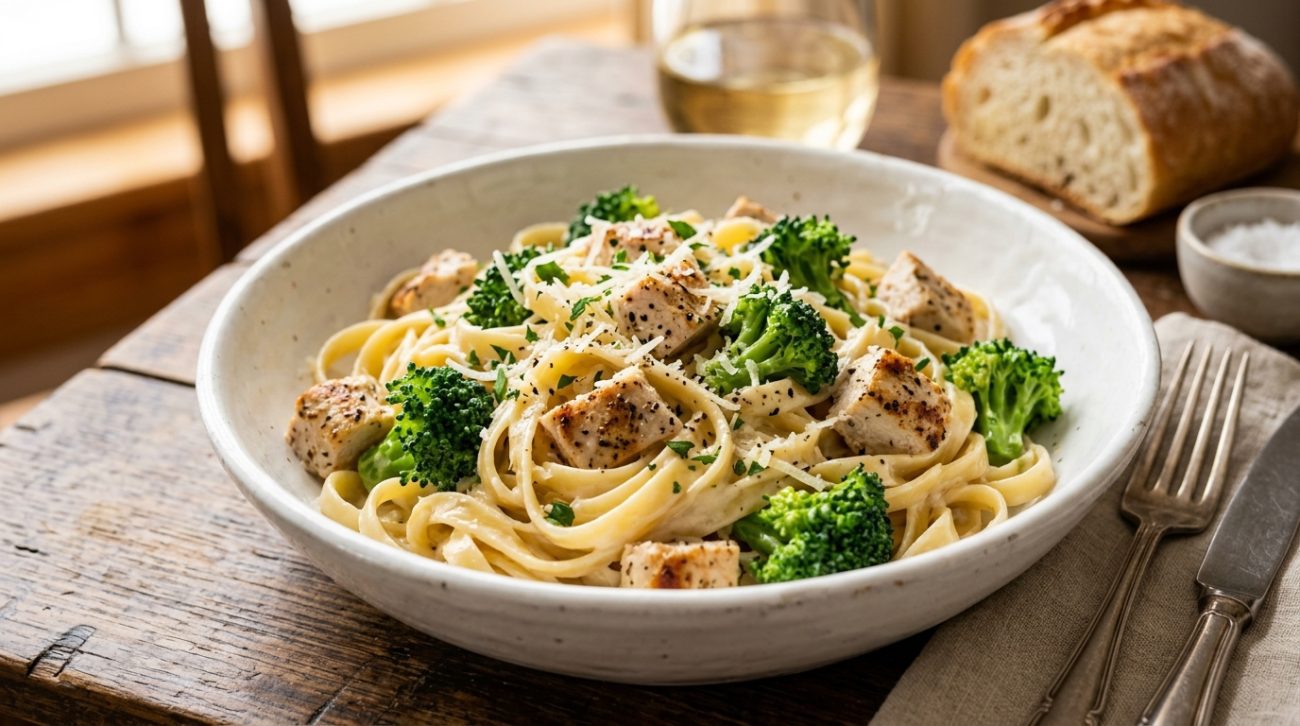 Creamy garlic chicken alfredo with broccoli served in a bowl with parmesan and herbs