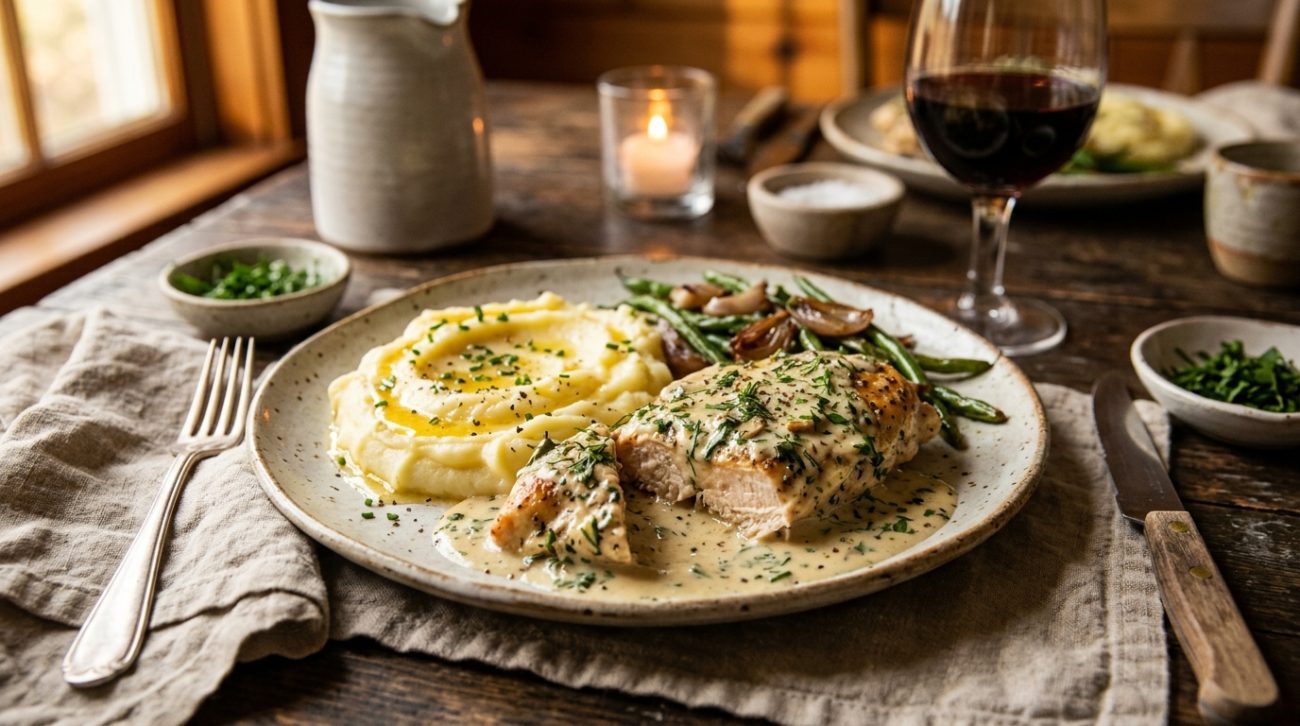 Creamy herb chicken served with glazed mashed potatoes on a rustic plate with fresh herbs