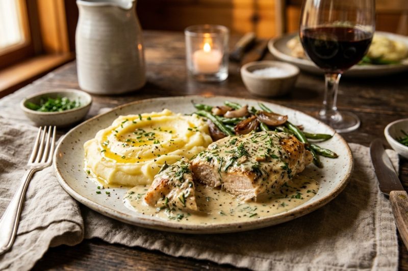Creamy Herb Chicken with Glazed Mashed Potatoes (Easy Comfort Dinner Recipe)