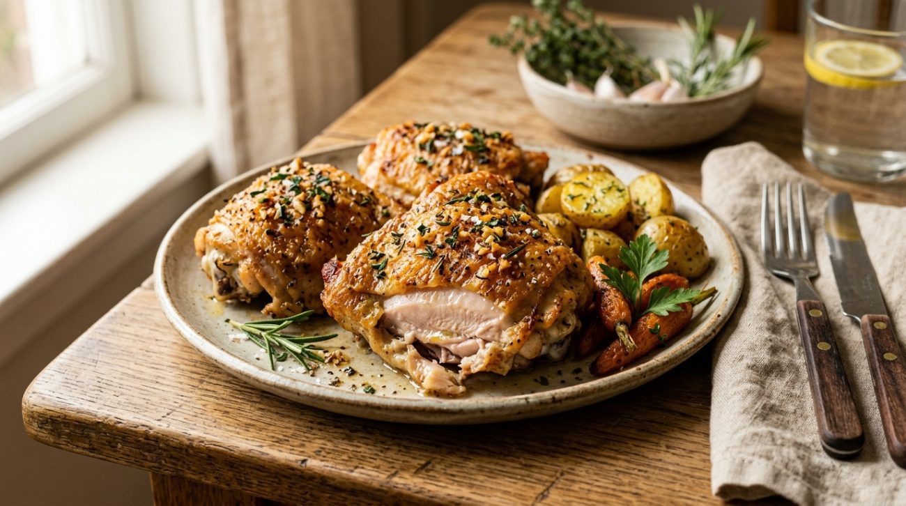 Crispy oven baked chicken thighs with herbs and golden skin