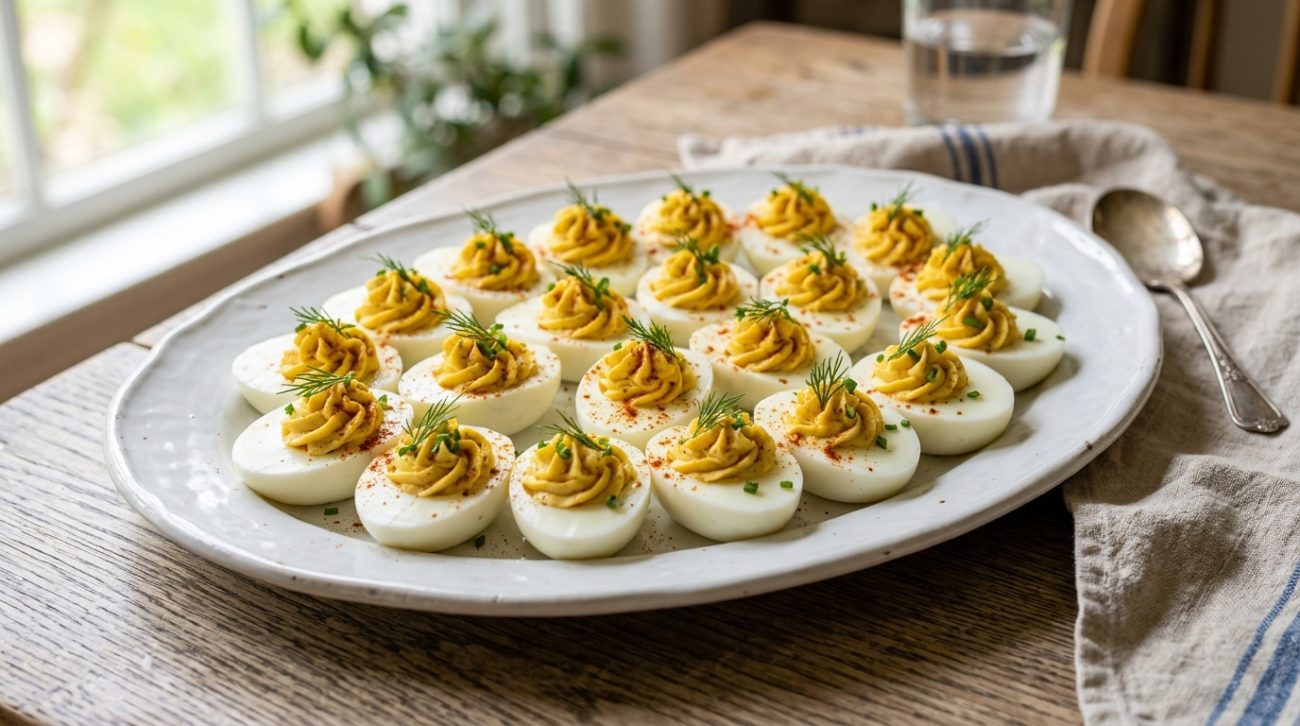 classic deviled eggs topped with paprika and creamy filling